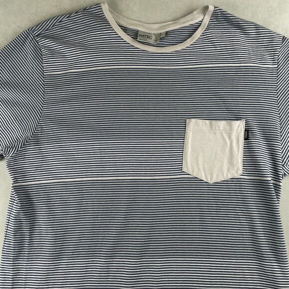 WeSC Shirt Mens X-Large Blue White Striped Doug Pocket Crewneck Tee Short Sleeve - Picture 2 of 8